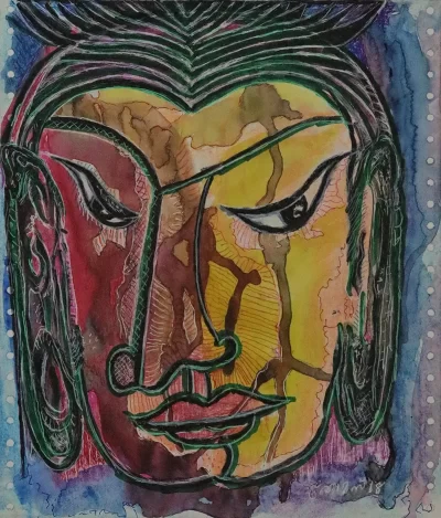 Budha doesn't smile Artwork by Indian contemporary artist K P Thomas, showcasing Budha doesn't smile, reflecting modern themes and unique artistic expression.