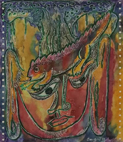 Chameleon in the realm of thought Artwork by Indian contemporary artist K P Thomas, showcasing Chameleon in the realm of thought, reflecting modern themes and unique artistic expression.