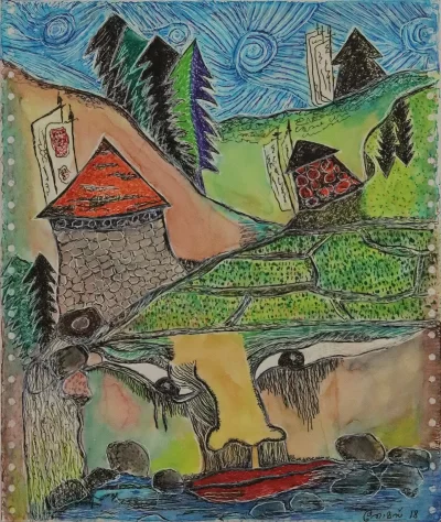 Dechencholing in memory Artwork by Indian contemporary artist K P Thomas, showcasing Dechencholing in Memory, reflecting modern themes and unique artistic expression.