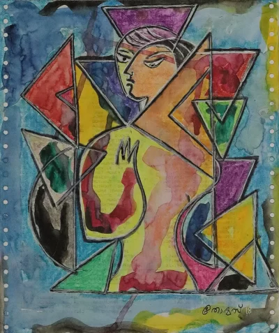 Geometrical girl Artwork by Indian contemporary artist K P Thomas, showcasing Geometrical girl, reflecting modern themes and unique artistic expression.