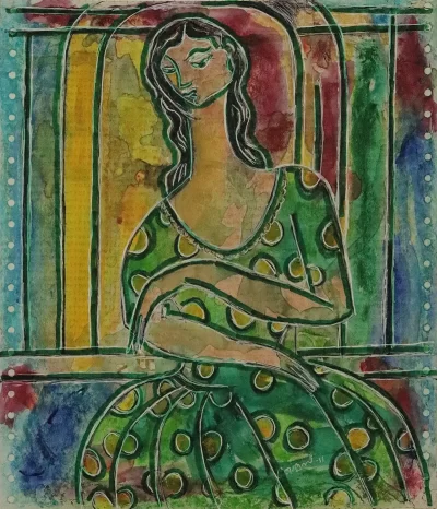 Girl in polka Artwork by Indian contemporary artist K P Thomas, showcasing Girl in polka, reflecting modern themes and unique artistic expression.