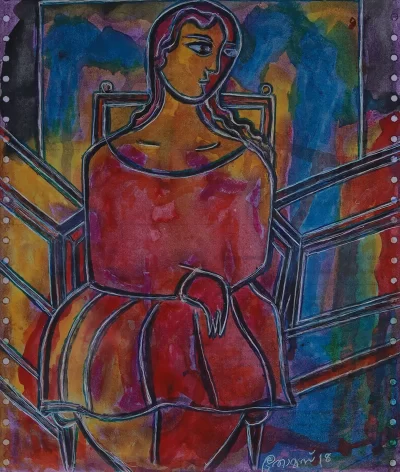 Girl in red attire Artwork by Indian contemporary artist K P Thomas, showcasing Girl in red attire, reflecting modern themes and unique artistic expression.