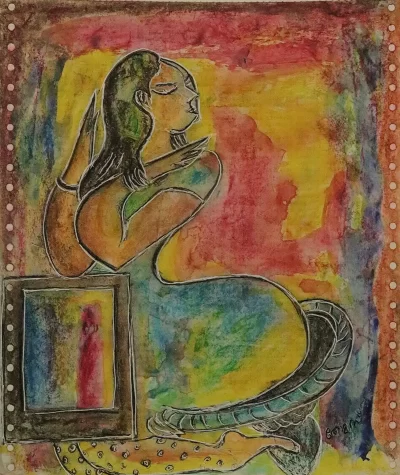 Girl in wicker chair Artwork by Indian contemporary artist K P Thomas, showcasing Girl in wicker chair, reflecting modern themes and unique artistic expression.