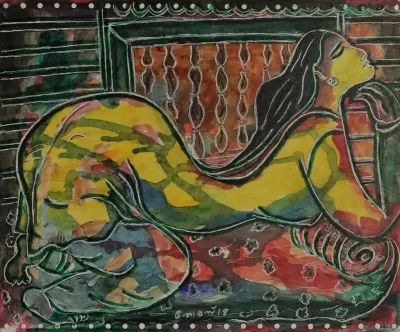 Reclining girl Artwork by Indian contemporary artist K P Thomas, showcasing Reclining girl, reflecting modern themes and unique artistic expression.