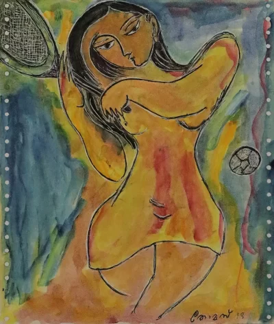 Tennis player Artwork by Indian contemporary artist K P Thomas, showcasing Tennis player, reflecting modern themes and unique artistic expression.