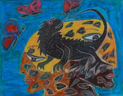 Butterflies and chameleon Artwork by Indian contemporary artist K P Thomas, showcasing Butterflies and chameleon, reflecting modern themes and unique artistic expression.