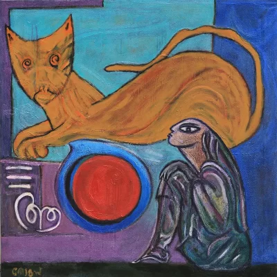Cat and a merciful woman Artwork by Indian contemporary artist K P Thomas, showcasing Cat and a merciful woman, reflecting modern themes and unique artistic expression.