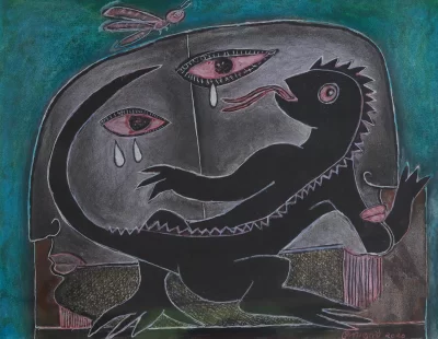 Chameleon and the dragon fly Artwork by Indian contemporary artist K P Thomas, showcasing Chameleon and the dragon fly, reflecting modern themes and unique artistic expression.