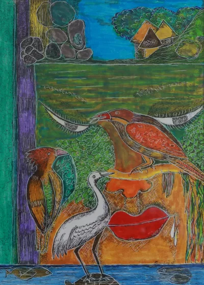 Manandavadian dreams Artwork by Indian contemporary artist K P Thomas, showcasing Manandavadian dreams, reflecting modern themes and unique artistic expression.