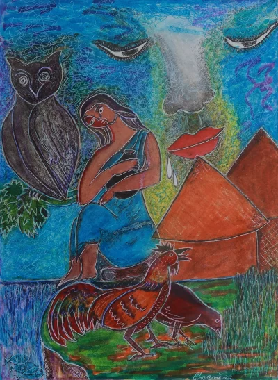 Manandavadian dreams Artwork by Indian contemporary artist K P Thomas, showcasing Manandavadian dreams, reflecting modern themes and unique artistic expression.