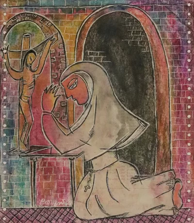 Nun in prayer Artwork by Indian contemporary artist K P Thomas, showcasing Nun in prayer, reflecting modern themes and unique artistic expression.