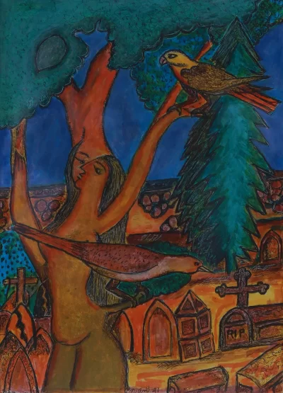 Old elanji tree in gory Artwork by Indian contemporary artist K P Thomas, showcasing Old elanji tree in gory, reflecting modern themes and unique artistic expression.