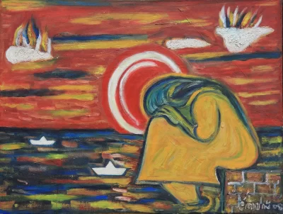 Paper boats Artwork by Indian contemporary artist K P Thomas, showcasing Paper boats, reflecting modern themes and unique artistic expression.