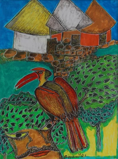 Relevance of huts Artwork by Indian contemporary artist K P Thomas, showcasing Relevance of huts, reflecting modern themes and unique artistic expression.