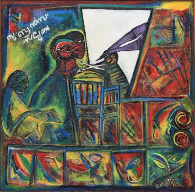 Subran's Saloon Artwork by Indian contemporary artist K P Thomas, showcasing Subran's Saloon, reflecting modern themes and unique artistic expression.