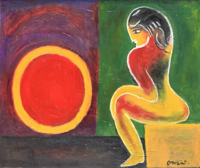 Sun and bewitched girl Artwork by Indian contemporary artist K P Thomas, showcasing Sun and bewitched girl, reflecting modern themes and unique artistic expression.