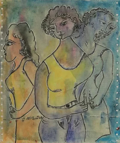 Three friends Artwork by Indian contemporary artist K P Thomas, showcasing Three friends, reflecting modern themes and unique artistic expression.